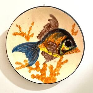 Vintage Spanish Majolica Redware Fish Wall Plate 
Hand Painted Coastal Decor